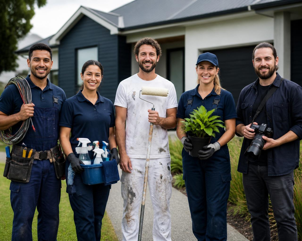 Group of New Zealand home and personal service providers — electrician, cleaner, painter, gardener and photographer — outside a modern home